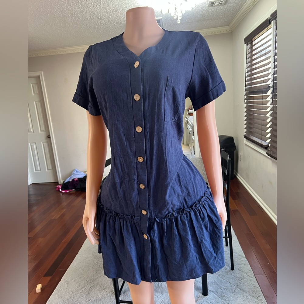 Navy Blue Button Down Mini Dress - Drop Waist Ruffle Hem - Large